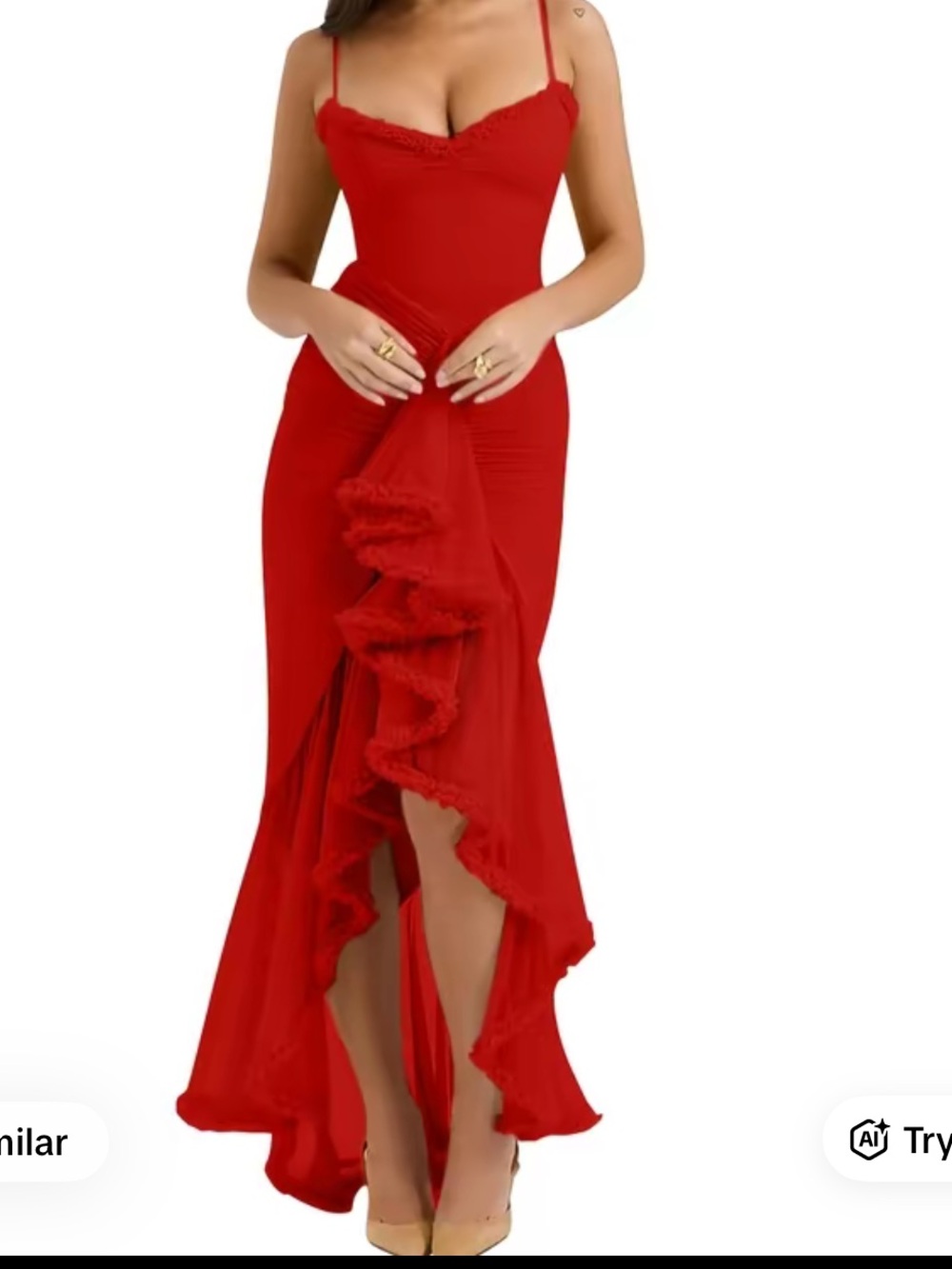 Red Ruffled High-Slit Evening Dress - Elegant Women’s Gown